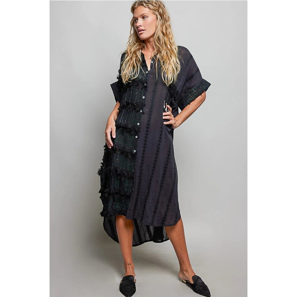 POL Dangle Trim Textured Cotton Oversized Long Shirt Dress - Black - Picture 3 of 6